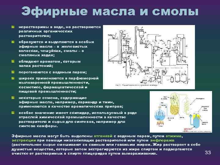 Эфирные масла и смолы нерастворимы в воде, но растворяются различных органических растворителях; образуются и