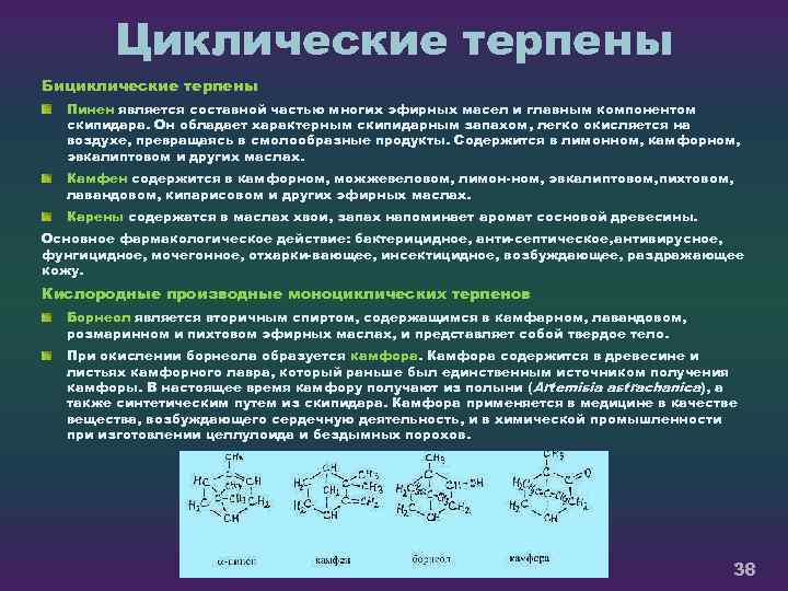 Циклические терпены Бициклические терпены Пинен является составной частью многих эфирных масел и главным компонентом