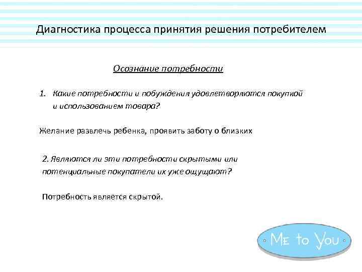 Диагностика процесса принятия решения потребителем Осознание потребности 1. Какие потребности и побуждения удовлетворяются покупкой