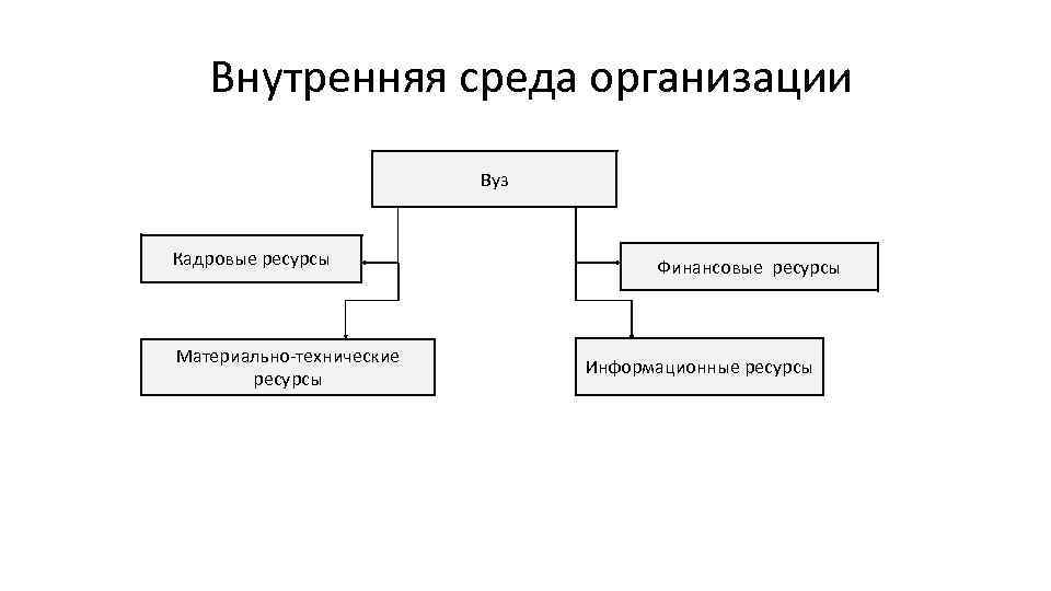 Внутренняя среда организации Вуз Кадровые ресурсы Материально-технические ресурсы Финансовые ресурсы Информационные ресурсы 