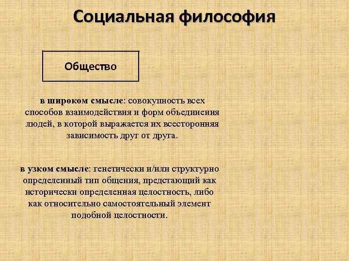Социальная философия Общество в широком смысле: совокупность всех способов взаимодействия и форм объединения людей,