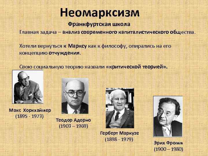 Неомарксизм Франкфуртская школа Главная задача – анализ современного капиталистического общества. Хотели вернуться к Марксу