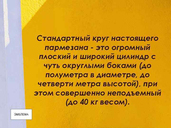 Стандартный круг настоящего пармезана - это огромный плоский и широкий цилиндр с чуть округлыми