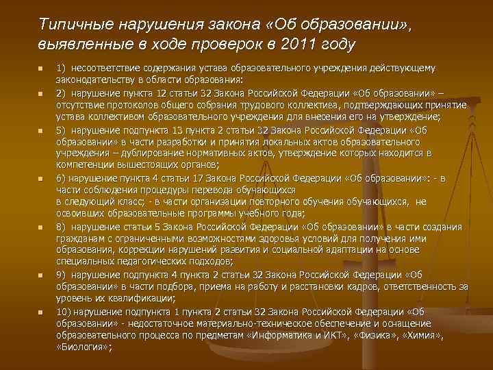 Типичные нарушения закона «Об образовании» , выявленные в ходе проверок в 2011 году n