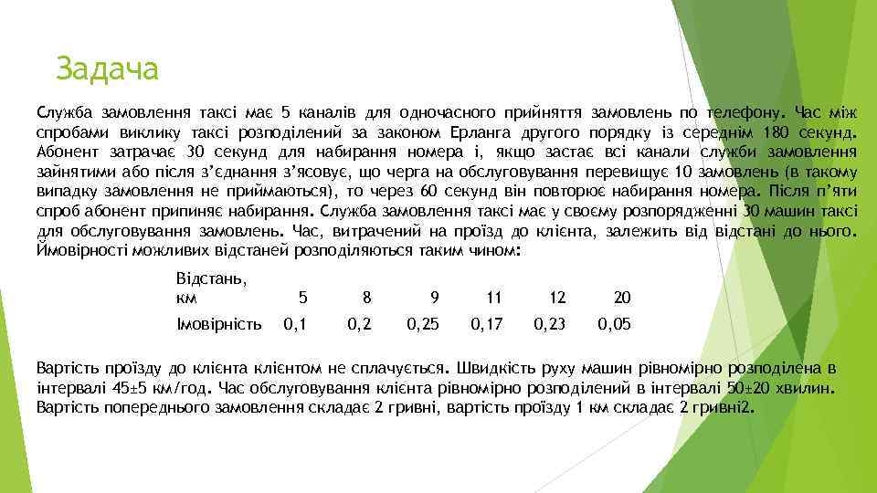 Задача Служба замовлення таксі має 5 каналів для одночасного прийняття замовлень по телефону. Час