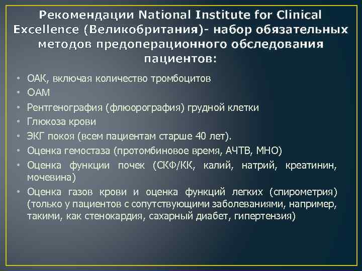 Рекомендации National Institute for Clinical Excellence (Великобритания)- набор обязательных методов предоперационного обследования пациентов: ОАК,