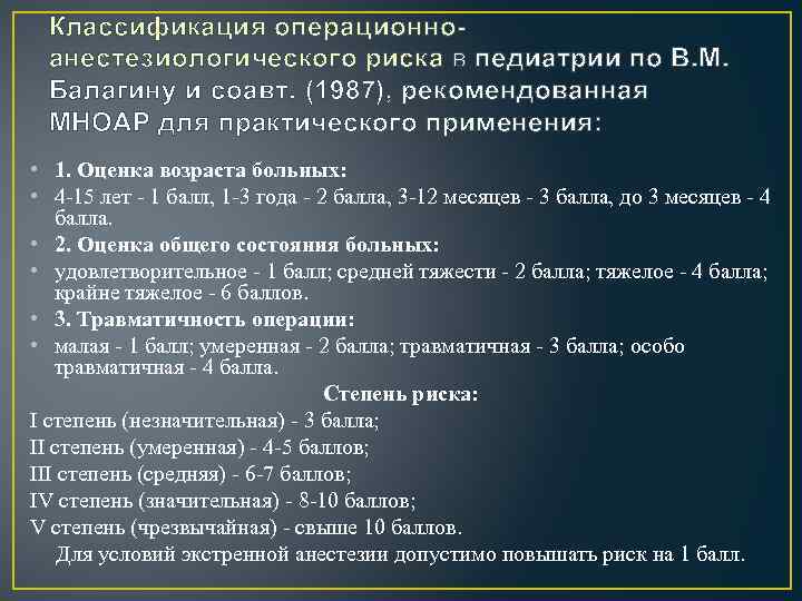 Классификация операционноанестезиологического риска в педиатрии по В. М. Балагину и соавт. (1987), рекомендованная МНОАР