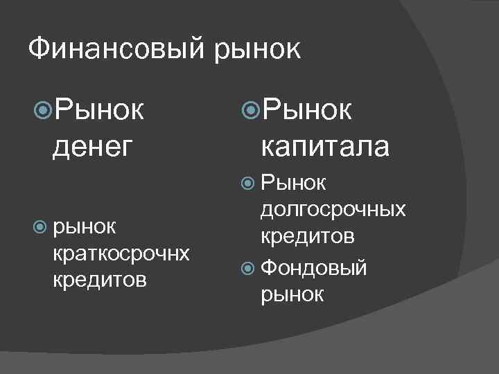 Финансовый рынок Рынок денег Рынок капитала Рынок рынок краткосрочнх кредитов долгосрочных кредитов Фондовый рынок