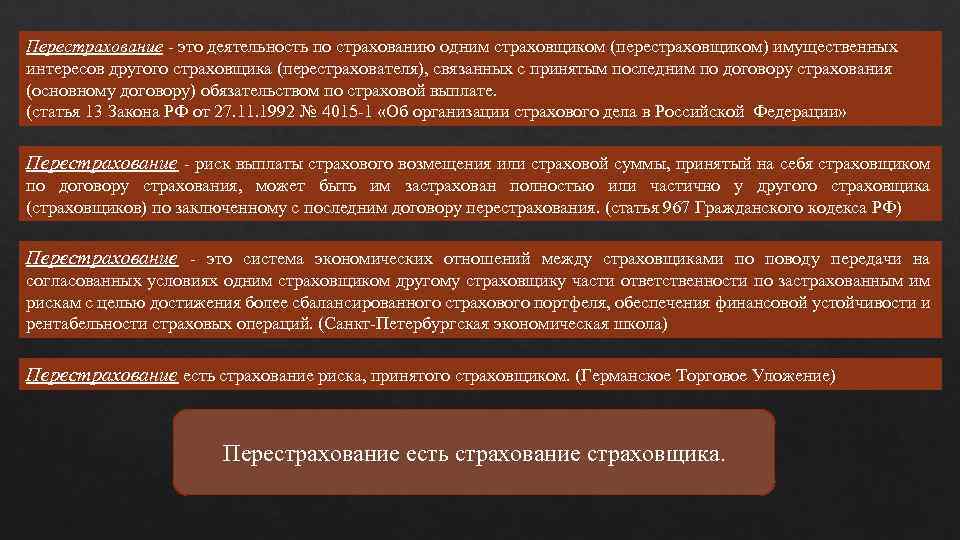 Перестрахование - это деятельность по страхованию одним страховщиком (перестраховщиком) имущественных интересов другого страховщика (перестрахователя),