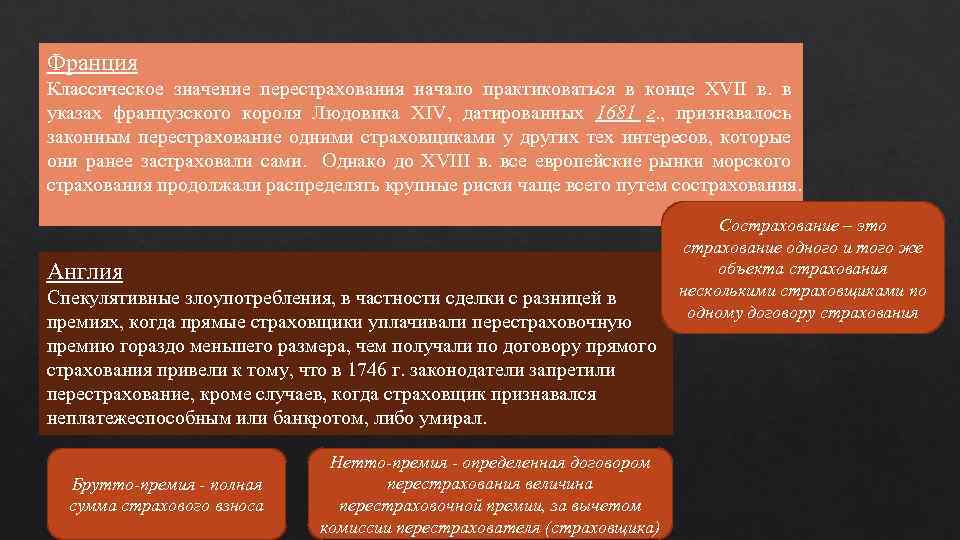 Франция Классическое значение перестрахования начало практиковаться в конце XVII в. в указах французского короля