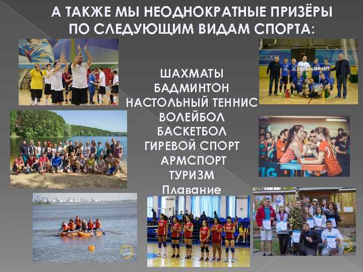 А ТАКЖЕ МЫ НЕОДНОКРАТНЫЕ ПРИЗЁРЫ ПО СЛЕДУЮЩИМ ВИДАМ СПОРТА: ШАХМАТЫ БАДМИНТОН НАСТОЛЬНЫЙ ТЕННИС ВОЛЕЙБОЛ