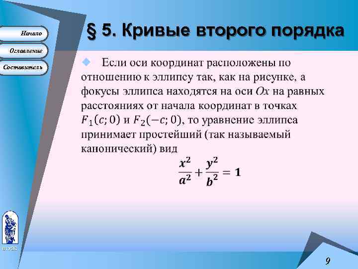 Начало § 5. Кривые второго порядка Оглавление Составитель u ВГУЭС 9 