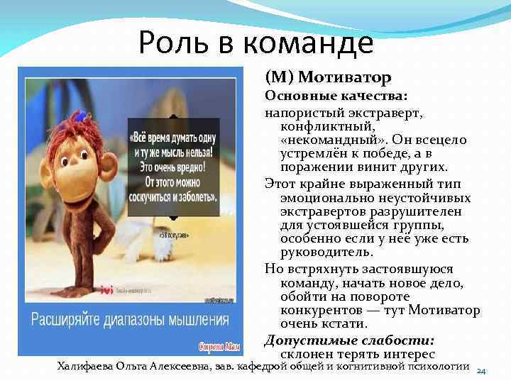 Роль в команде (М) Мотиватор Основные качества: напористый экстраверт, конфликтный, «некомандный» . Он всецело