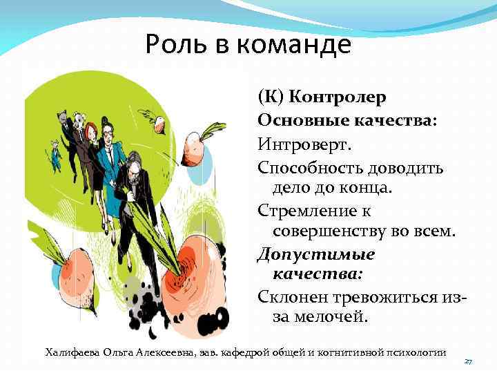 Роль в команде (К) Контролер Основные качества: Интроверт. Способность доводить дело до конца. Стремление