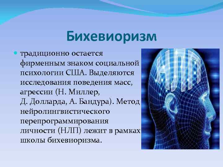 Бихевиоризм традиционно остается фирменным знаком социальной психологии США. Выделяются исследования поведения масс, агрессии (Н.