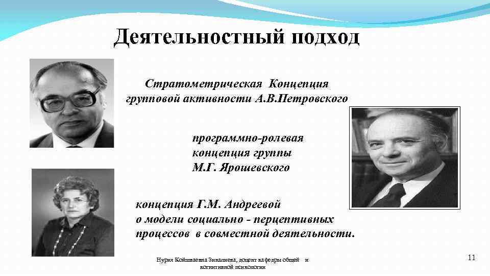  Деятельностный подход Стратометрическая Концепция групповой активности А. В. Петровского программно-ролевая концепция группы М.