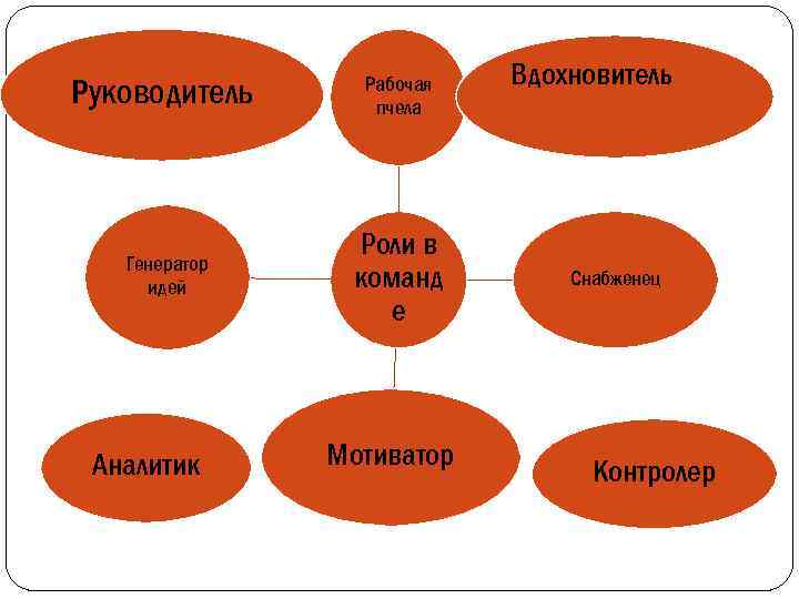 Руководитель Рабочая пчела Генератор идей Роли в команд е Аналитик Мотиватор Вдохновитель Снабженец Контролер