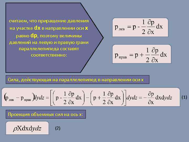 считаем, что приращение давления на участке dх в направлении оси х равно dp, поэтому