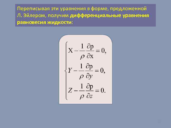 Переписывая эти уравнения в форме, предложенной Л. Эйлером, получим дифференциальные уравнения равновесия жидкости: 22