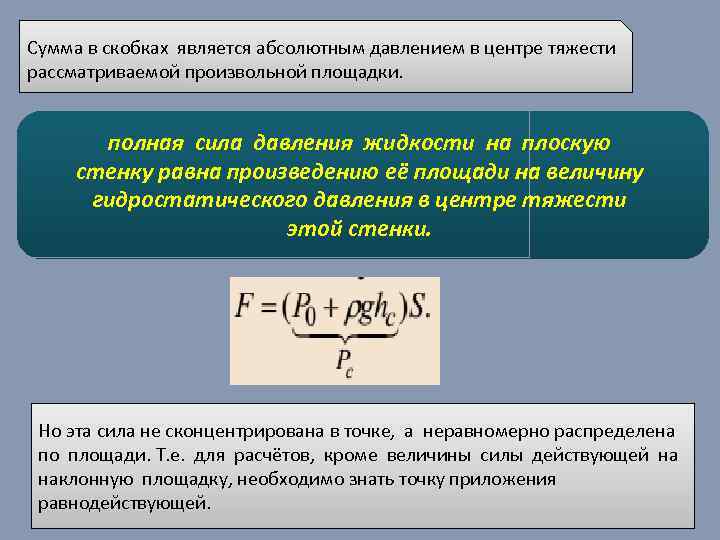 Сумма в скобках является абсолютным давлением в центре тяжести рассматриваемой произвольной площадки. полная сила