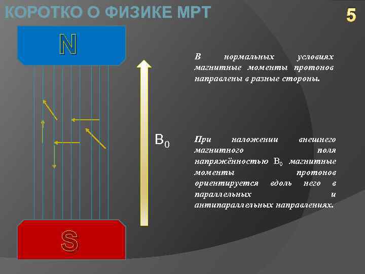 КОРОТКО О ФИЗИКЕ МРТ N В нормальных условиях магнитные моменты протонов направлены в разные