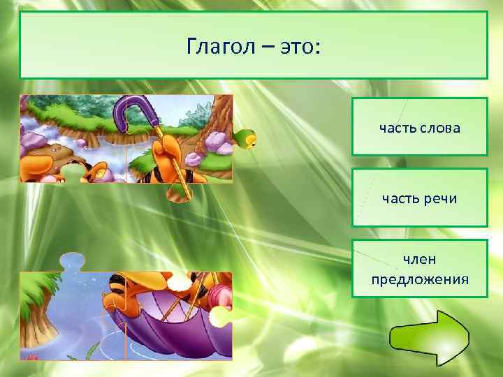 Глагол – это: часть слова часть речи член предложения 