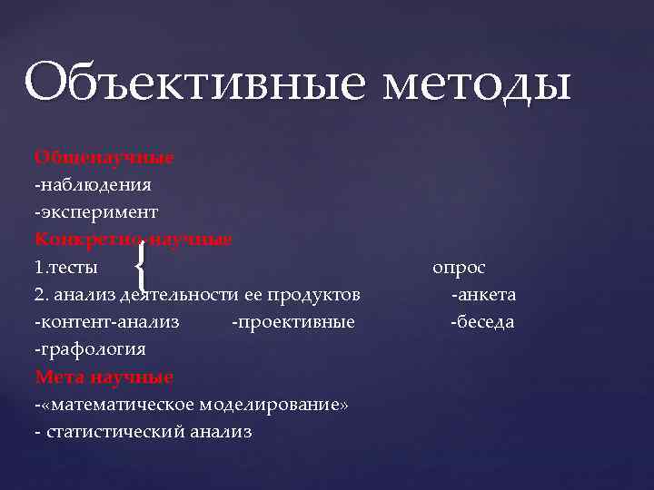 Объективные методы Общенаучные -наблюдения -эксперимент Конкретно-научные 1. тесты опрос 2. анализ деятельности ее продуктов