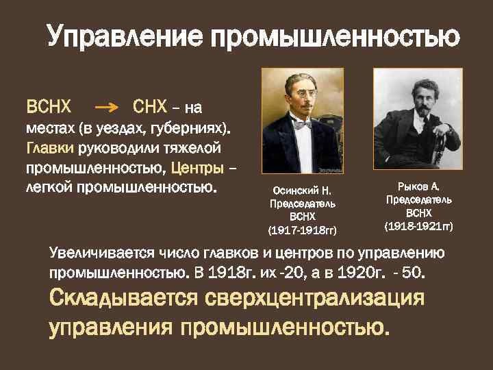 Управление промышленностью ВСНХ – на местах (в уездах, губерниях). Главки руководили тяжелой промышленностью, Центры