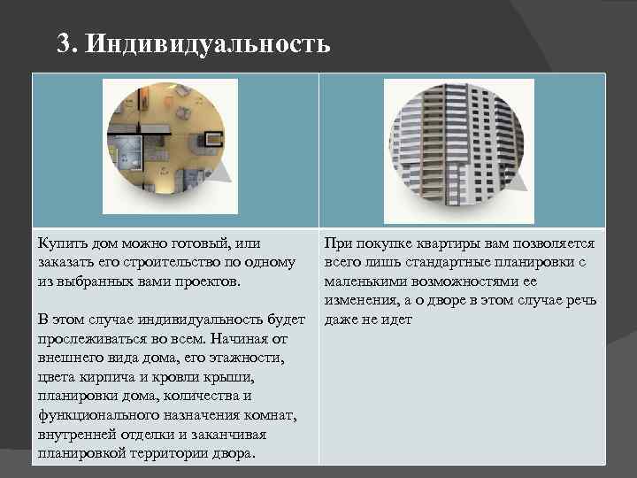 3. Индивидуальность Купить дом можно готовый, или заказать его строительство по одному из