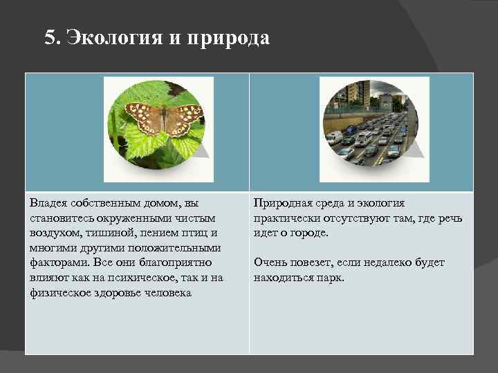  5. Экология и природа Владея собственным домом, вы становитесь окруженными чистым воздухом, тишиной,
