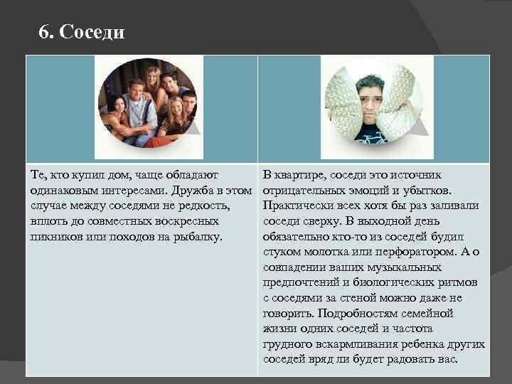  6. Соседи Те, кто купил дом, чаще обладают одинаковым интересами. Дружба в этом