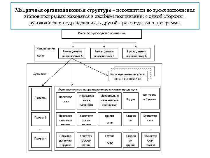 Матричная организационная структура – исполнители во время выполнения этапов программы находятся в двойном подчинении: