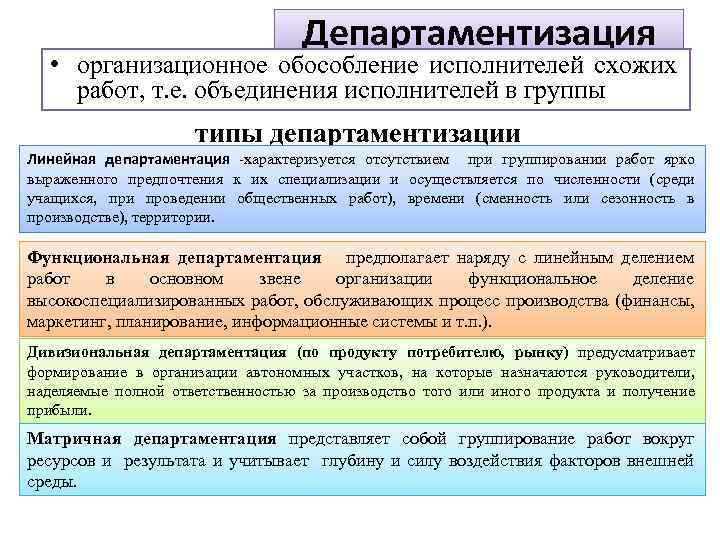 Департаментизация • организационное обособление исполнителей схожих работ, т. е. объединения исполнителей в группы типы