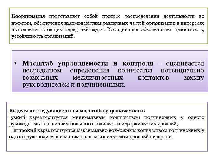 Координация представляет собой процесс распределения деятельности во времени, обеспечения взаимодействия различных частей организации в