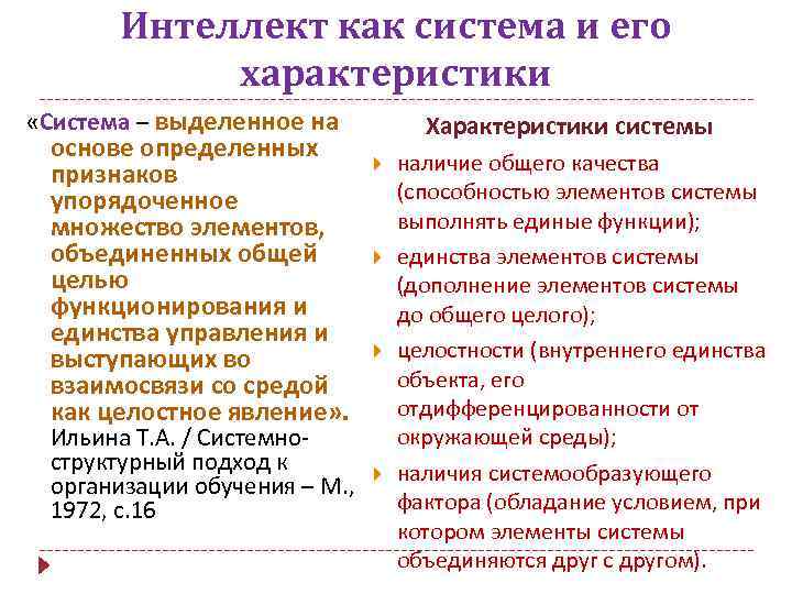 Интеллект как система и его характеристики «Система – выделенное на основе определенных признаков упорядоченное