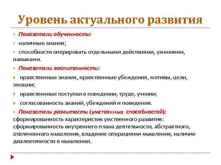 Уровень актуального развития Показатели обученности: наличные знания; способности оперировать отдельными действиями, умениями, навыками. Показатели