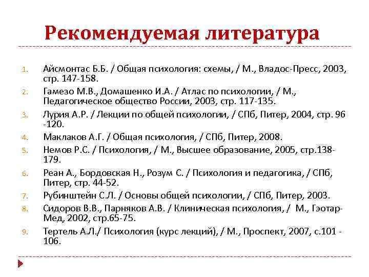 Рекомендуемая литература 1. 2. 3. 4. 5. 6. 7. 8. 9. Айсмонтас Б. Б.