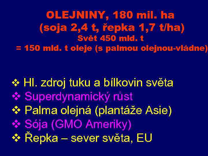 OLEJNINY, 180 mil. ha (soja 2, 4 t, řepka 1, 7 t/ha) Svět 450