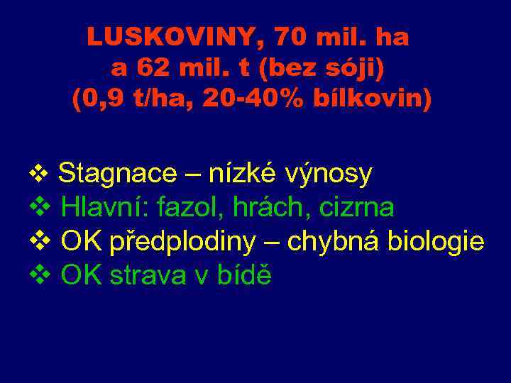 LUSKOVINY, 70 mil. ha a 62 mil. t (bez sóji) (0, 9 t/ha, 20