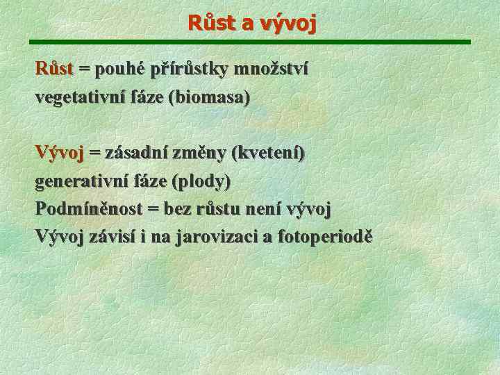 Růst a vývoj Růst = pouhé přírůstky množství vegetativní fáze (biomasa) Vývoj = zásadní