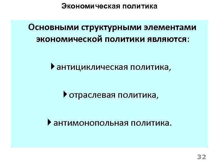 Экономическая политика Основными структурными элементами экономической политики являются: антициклическая политика, отраслевая политика, антимонопольная политика.