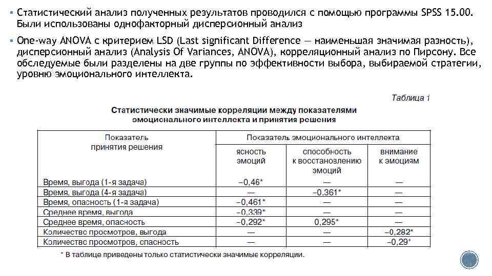 § Статистический анализ полученных результатов проводился с помощью программы SPSS 15. 00. Были использованы