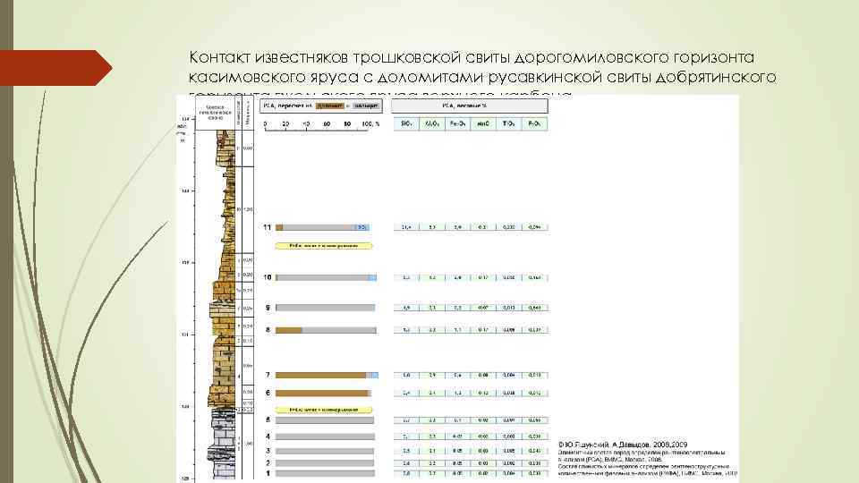 Контакт известняков трошковской свиты дорогомиловского горизонта касимовского яруса с доломитами русавкинской свиты добрятинского горизонта