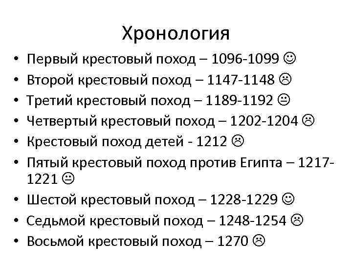 Хронология Первый крестовый поход – 1096 -1099 Второй крестовый поход – 1147 -1148 Третий