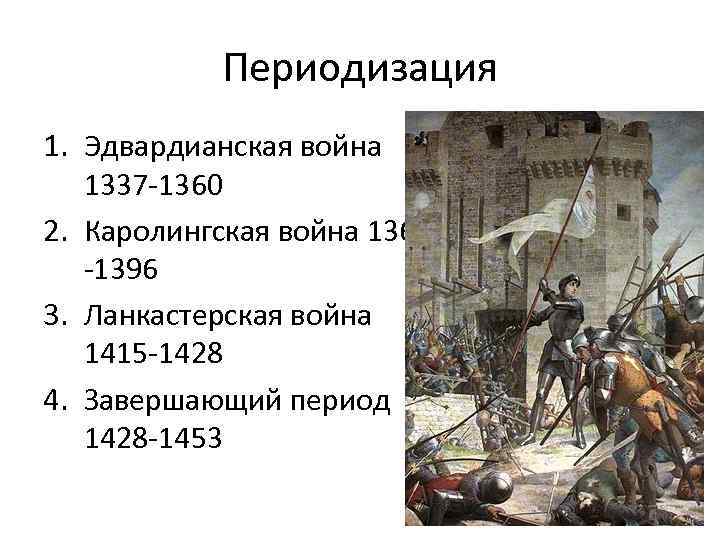 Периодизация 1. Эдвардианская война 1337 -1360 2. Каролингская война 1369 -1396 3. Ланкастерская война