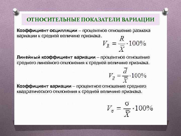 ОТНОСИТЕЛЬНЫЕ ПОКАЗАТЕЛИ ВАРИАЦИИ Коэффициент осцилляции – процентное отношение размаха вариации к средней величине признака.