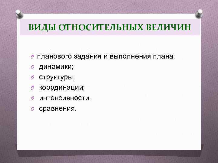 ВИДЫ ОТНОСИТЕЛЬНЫХ ВЕЛИЧИН O планового задания и выполнения плана; O динамики; O структуры; O