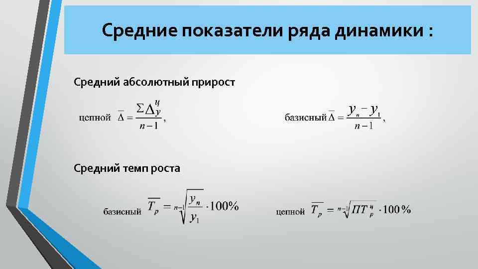 Средние показатели ряда динамики : Средний абсолютный прирост Средний темп роста 