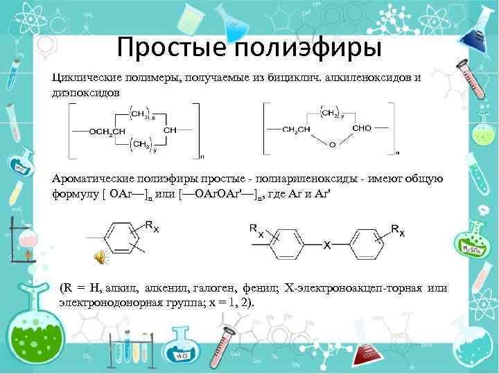 Простые полиэфиры Циклические полимеры, получаемые из бициклич. алкиленоксидов и диэпоксидов Ароматические полиэфиры простые -