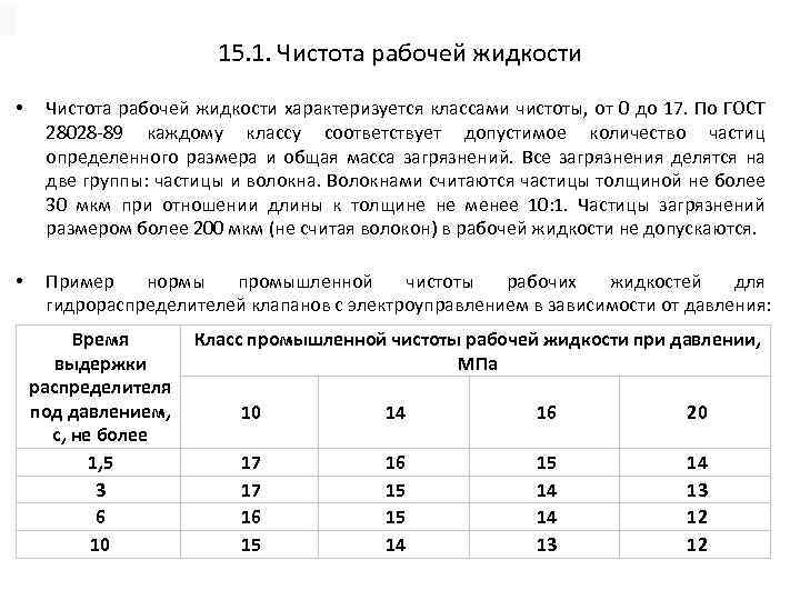 15. 1. Чистота рабочей жидкости • Чистота рабочей жидкости характеризуется классами чистоты, от 0